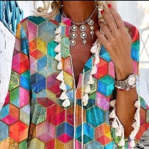 Tassel Geometric V Neck 3/4 Sleeve Plus Size Casual Dresses